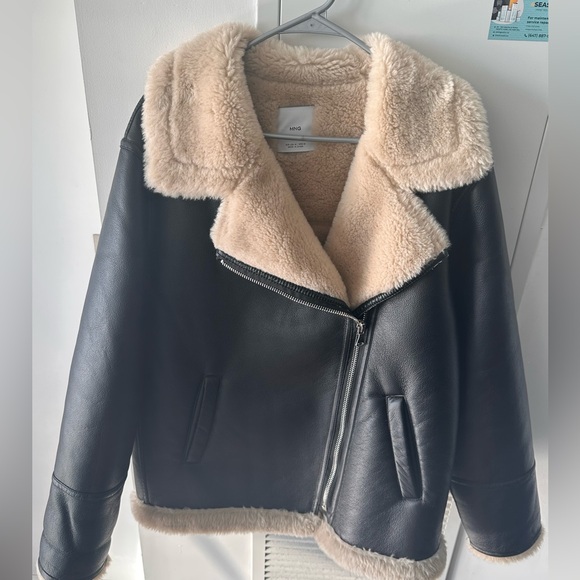 MANGO Women's Black and Cream LEATHER Jacket - Picture 3 of 3